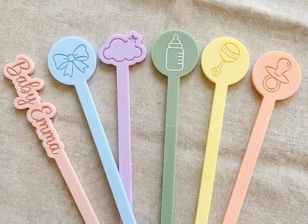 Pastel Baby Shower Drink Stirrers | Acrylic Stir Sticks, Baby Icons, Party Decor