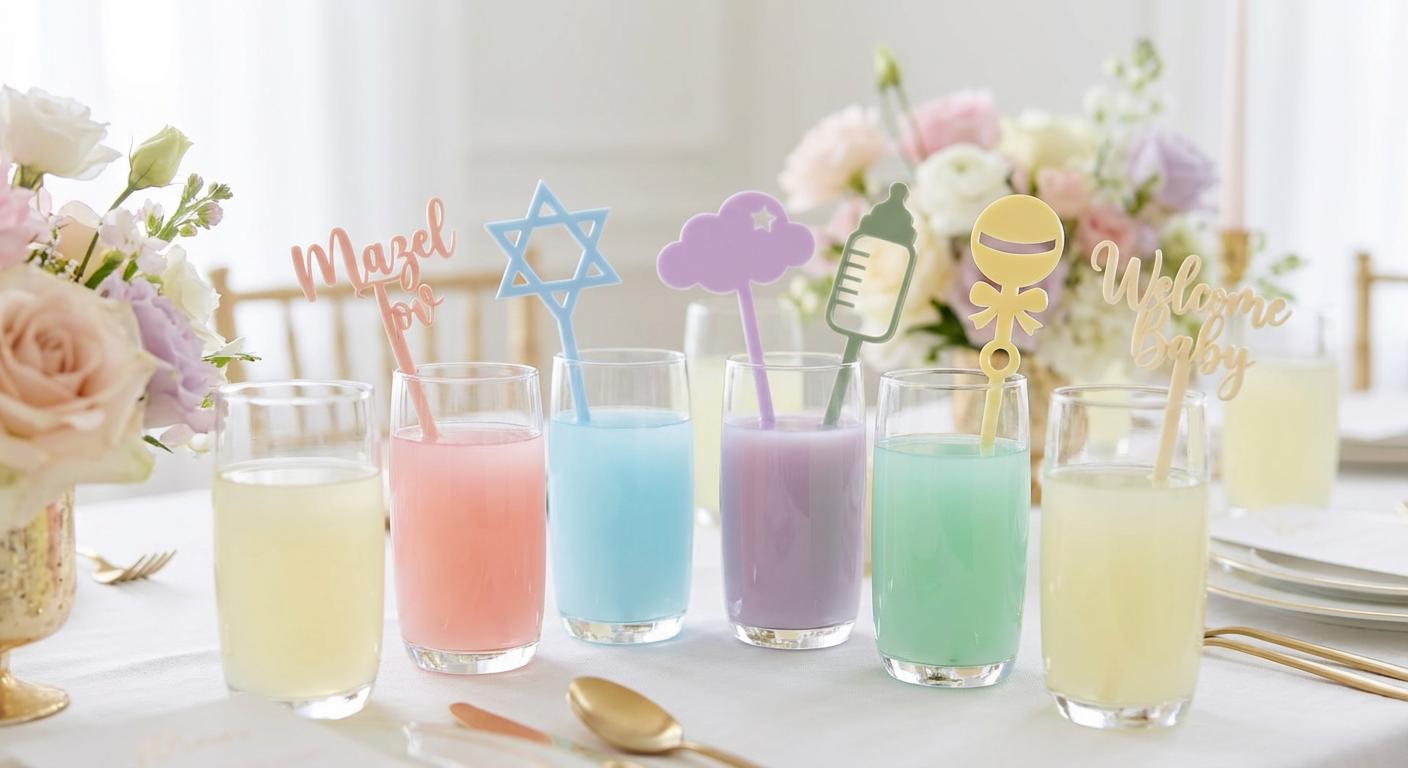 Jewish Drink Stirrers – Mazel Tov, Star of David, Welcome Baby (Set of 12)