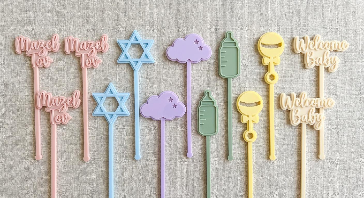 Jewish Drink Stirrers – Mazel Tov, Star of David, Welcome Baby (Set of 12)