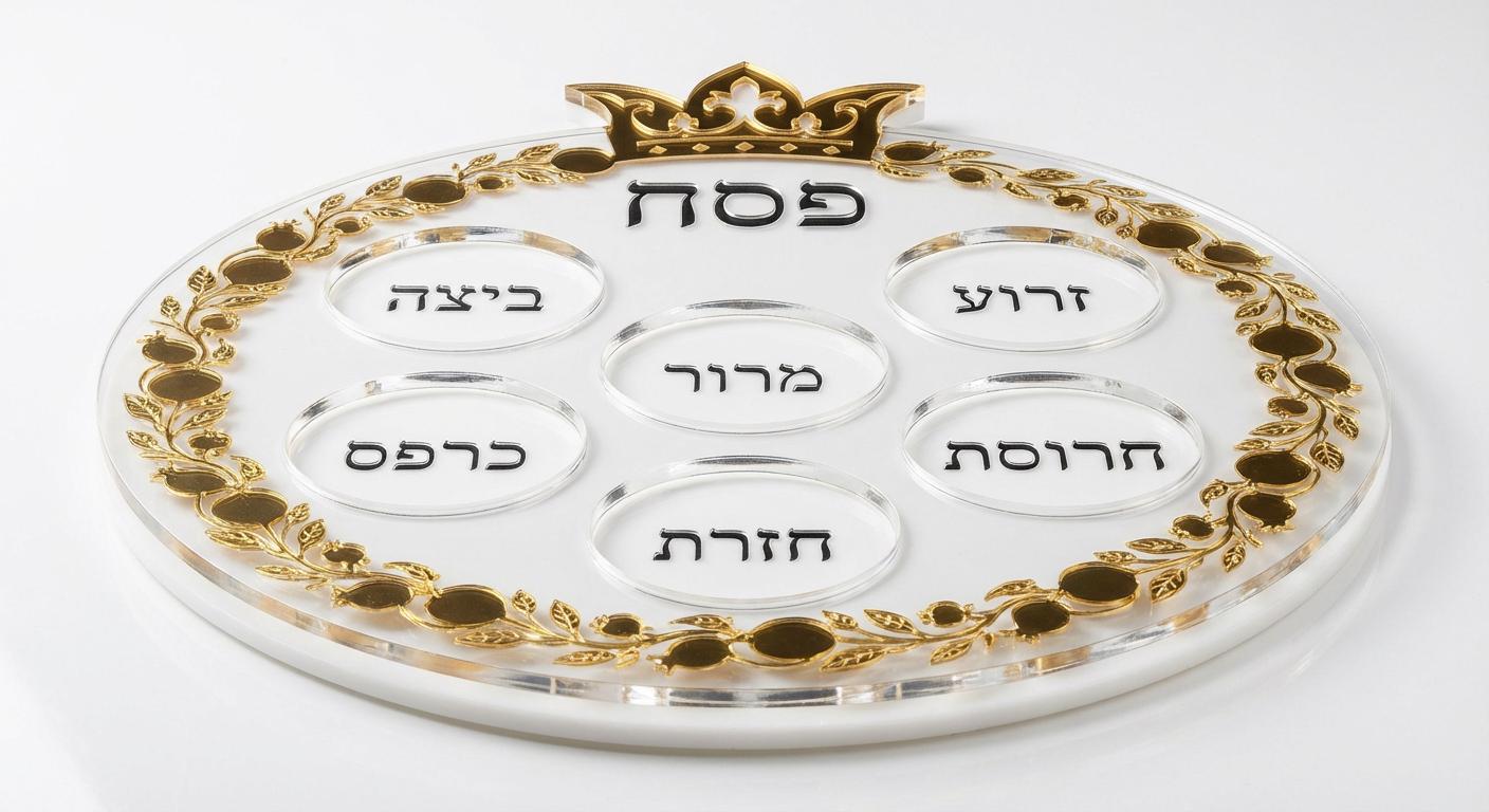 Pomegranate Seder Plate: Layered Acrylic Pesach Tray with Gold Hebrew Engravings