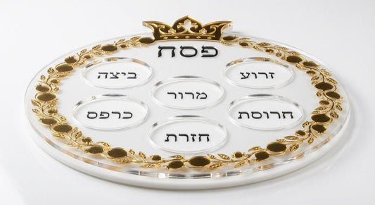 Pomegranate Seder Plate: Layered Acrylic Pesach Tray with Gold Hebrew Engravings