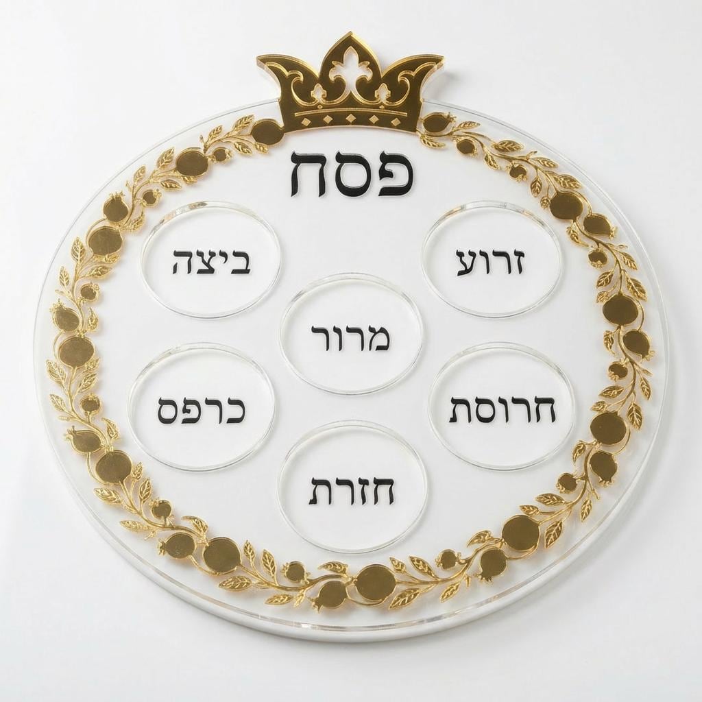 Pomegranate Seder Plate: Layered Acrylic Pesach Tray with Gold Hebrew Engravings
