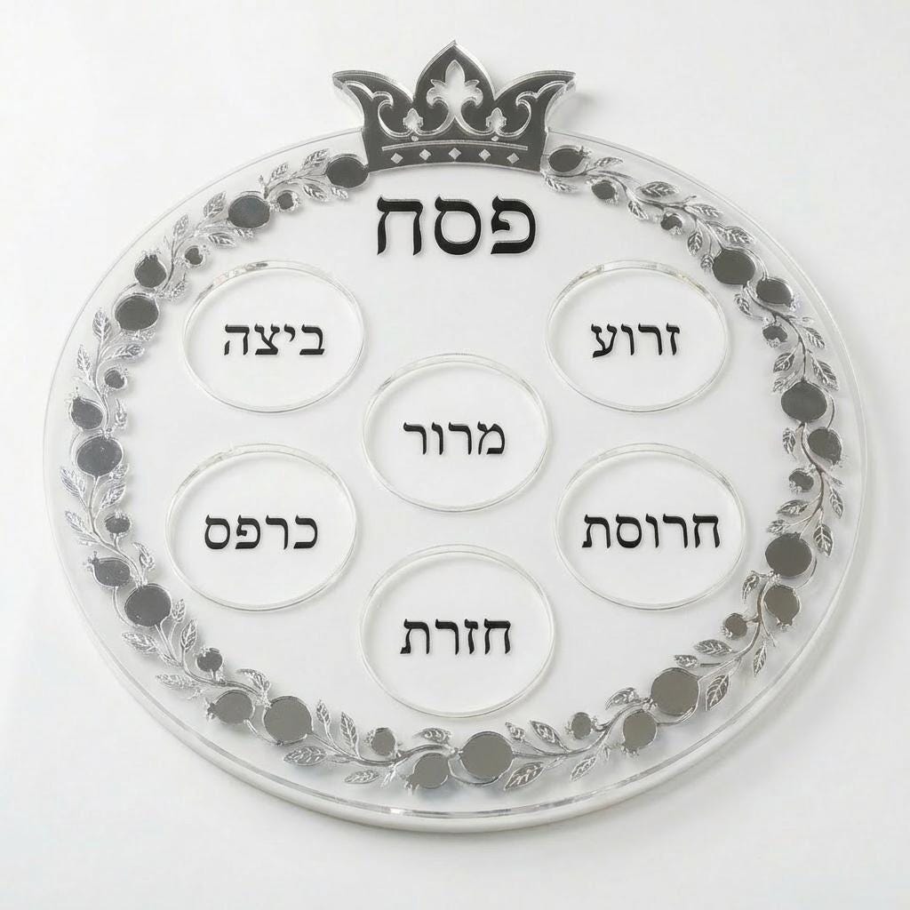 Pomegranate Seder Plate: Layered Acrylic Pesach Tray with Gold Hebrew Engravings