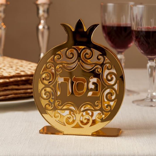 Gold Mirror Acrylic Pomegranate Pesach Napkin Holder – Jewish Seder Table Decor