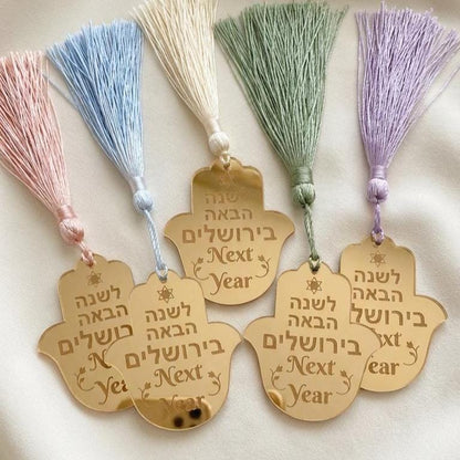 Gold Acrylic Hamsa Keychain – Next Year Jerusalem Engraved Judaica Tassel Favor