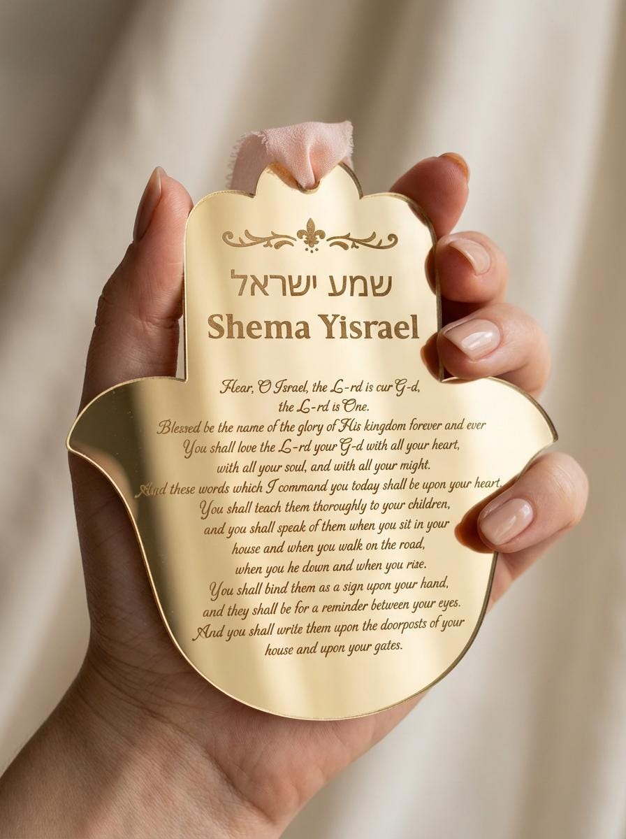 Shema Yisrael Hamsa Wall Decor – Gold Mirror Acrylic Jewish Blessing – Judaica Gift