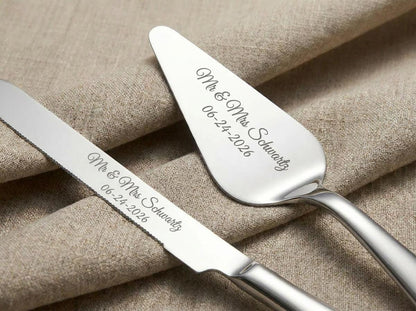Personalized Wedding Cake Server Set | Engraved Stainless Steel Knife & Server
