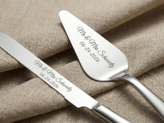 Personalized Wedding Cake Server Set | Engraved Stainless Steel Knife & Server