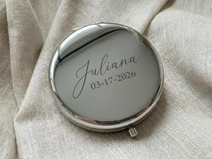 Personalized Compact Mirror | Engraved Silver Purse Mirror for Bridesmaids, Wedding Favors