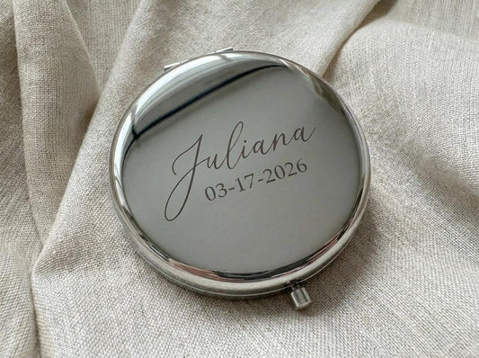 Personalized Compact Mirror | Engraved Silver Purse Mirror for Bridesmaids, Wedding Favors