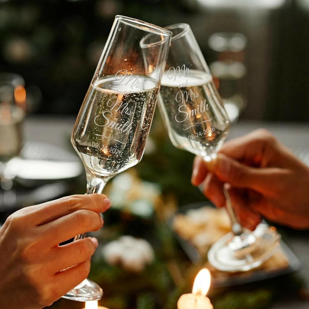Personalized Champagne Flutes Set of 2, Engraved Wedding Glasses, Mr and Mrs Champagne Glasses, Custom Wedding Gift, Bride Groom Toast