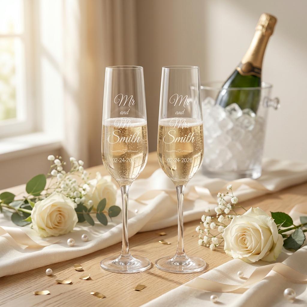 Personalized Champagne Flutes Set of 2, Engraved Wedding Glasses, Mr and Mrs Champagne Glasses, Custom Wedding Gift, Bride Groom Toast