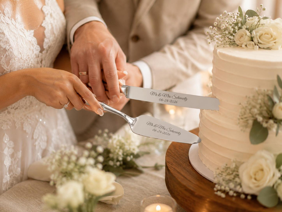 Personalized Wedding Cake Server Set | Engraved Stainless Steel Knife & Server
