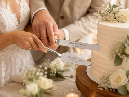 Personalized Wedding Cake Server Set | Engraved Stainless Steel Knife & Server