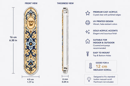 Blue & Gold Acrylic Mezuzah Case | UV Printed Relief Design | Modern Judaica | 16 cm Clear Acrylic Mezuzah | Fits 12 cm Scroll