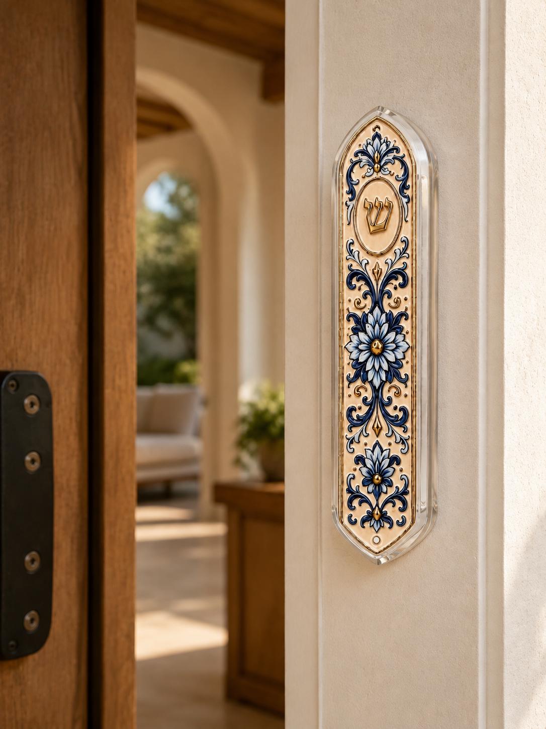 Blue & Gold Acrylic Mezuzah Case | UV Printed Relief Design | Modern Judaica | 16 cm Clear Acrylic Mezuzah | Fits 12 cm Scroll