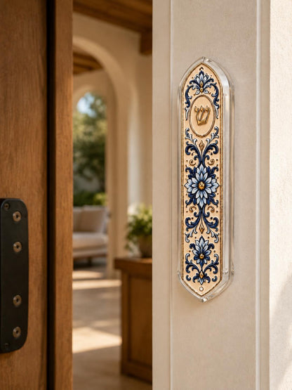 Blue & Gold Acrylic Mezuzah Case | UV Printed Relief Design | Modern Judaica | 16 cm Clear Acrylic Mezuzah | Fits 12 cm Scroll