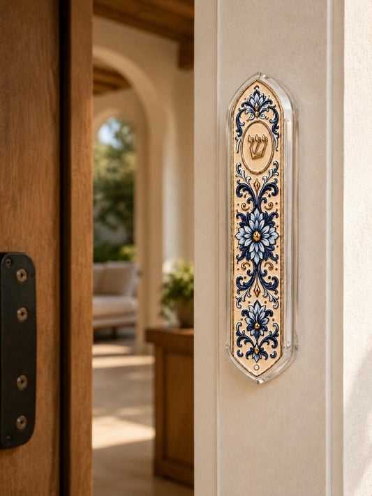 Blue & Gold Acrylic Mezuzah Case | UV Printed Relief Design | Modern Judaica | 16 cm Clear Acrylic Mezuzah | Fits 12 cm Scroll