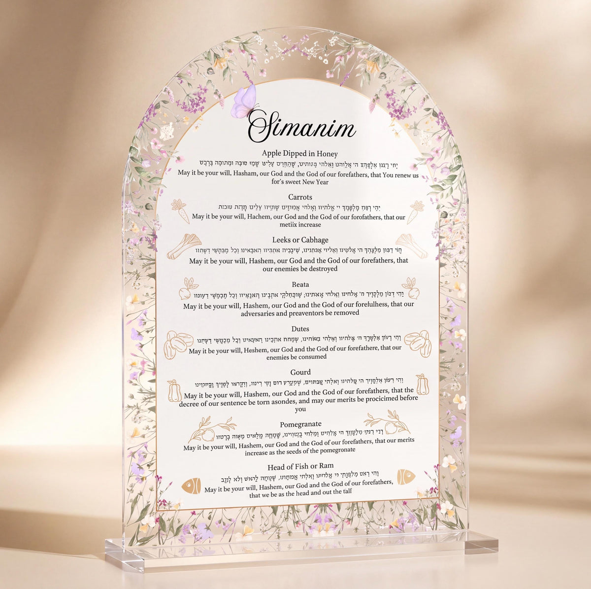 Set of 4 Rosh Hashanah Simanim Acrylic Table Signs | Hebrew & English Prayer Cards | 8x6 Acrylic Table Decor | Chabad Inspired