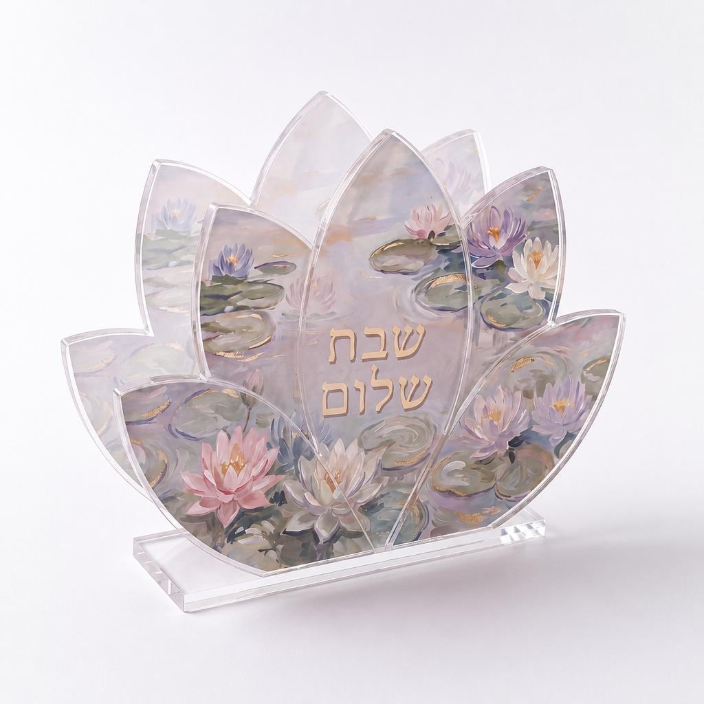 Shabbat Shalom Acrylic Napkin Holder | Water Lily Judaica | Modern Shabbat Table Decor | Jewish Hostess Gift | Luxury Judaica